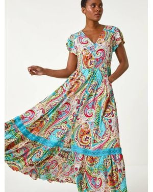 Roman Paisley Print Shirred Waist Maxi Dress - White