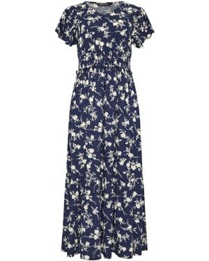 M Com Ditsy Printed Shirred Waist Maxi Dress - Blue