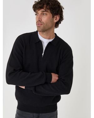 Threadbare Cotton Rich Quarter Zip Long Sleeve Polo Shirt - Black