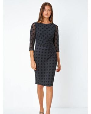 Roman Polka Dot Ruched Stretch Dress - Black