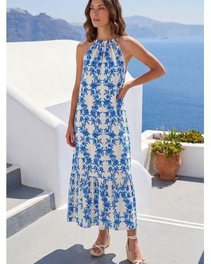 Roman Petite Floral Print Tie Midi Dress - Blue