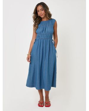 Threadbare Shirred Denim Drawstring Waist Midaxi Dress - Blue