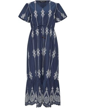 M Com Embroidered Tie Waist Maxi Dress - Blue