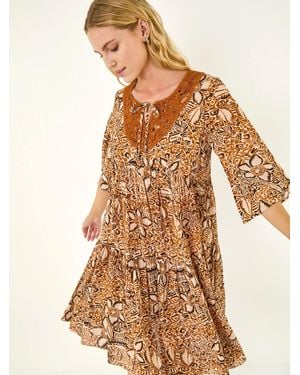 Roman Abstract Print Trim Detail Tie Front Dress - Natural