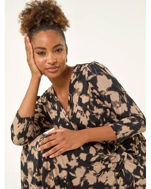 Roman Abstract Floral Wrap Midi Dress - Brown