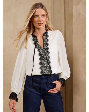Love & Roses Ivory Petite Lace Front Long Sleeve Blouse - Blue