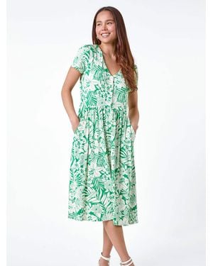 Roman Tropical Button Pocket Midi Dress - Green
