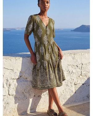 Roman Petite Border Print Tiered Dress - Blue