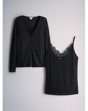 The Set 2 Piece Lurex Sparkle Cardigan And Lace Vest Set - Black