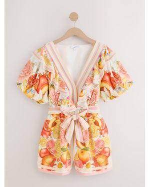 Next Emily Carter Floral Ruffle Neckline Puff Sleeve Playsuit - Orange