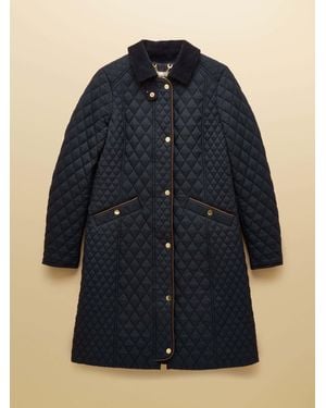 Joules Rosewell Longline Diamond Quilted Showerproof Coat - Blue
