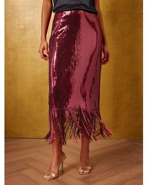 Love & Roses Sequin Fringe Midi Skirt - Red