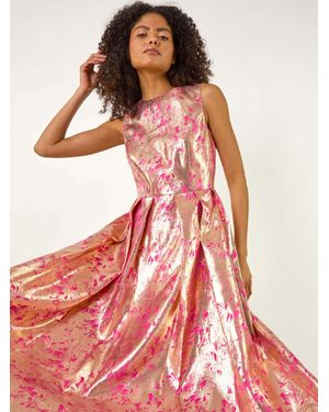 Roman Metallic Jacquard Midi Dress - Red