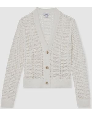 Reiss Ivory Star Open-Knit Button-Through Cardigan - White