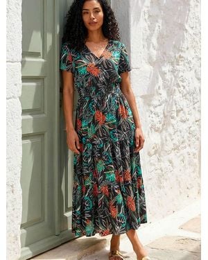 Roman Leaf Print V-Neck Tiered Midi Dress - Black