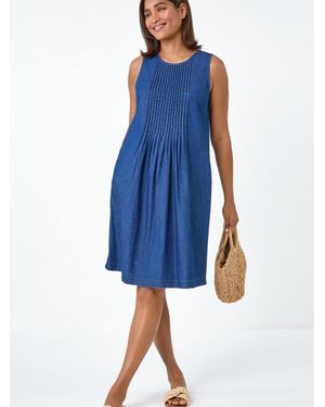Roman Denim Pintuck Detail Pocket Dress - Blue