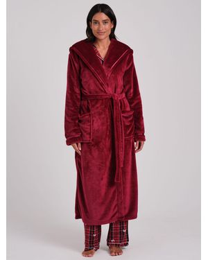 Loungeable Ribbon Trim Luxury Fleece Hooded Maxi Robe - Red