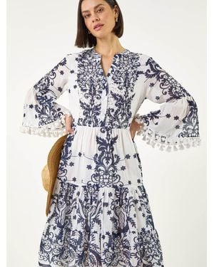 Roman Beaded Tassel Trim Smock Dress - Blue