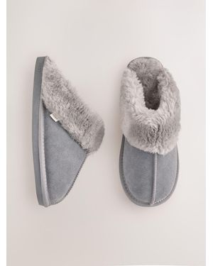 Next Dark Faux Fur Lined Suede Mule Slippers - Gray