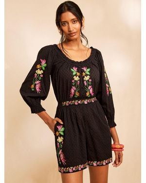 Love & Roses X Rhs Floral Embroidered Long Sleeve Playsuit - Black