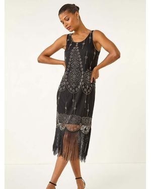 Roman Sequin Fringe Detail Midi Dress - Black