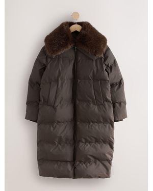 Next Premium Longline Padded Coat With Faux Fur Collar - Brown