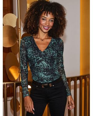 Sosandar Leopard Print Mesh Top - Green