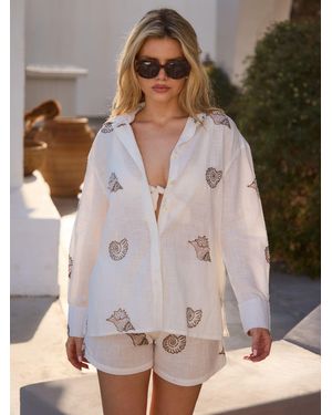 South Beach Sequin Embroidered Shell Beach Shirt - White