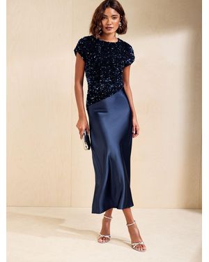 Friends Like These Asymmetric Sequin Satin Midi Dress - Blue