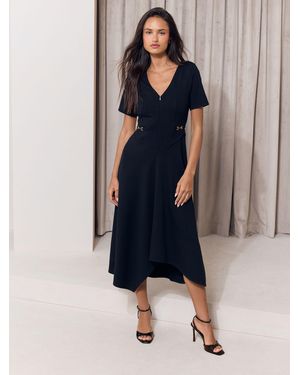 Lipsy Zip Front V-Neck Hardware Trim Hanky Hem Midi Dress - Blue