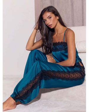 Lipsy Lace Detail Satin Balloon Leg Pyjamas Set - Blue