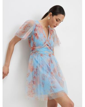 River Island Short Sleeve Floral Tulle Mini Dress - Blue