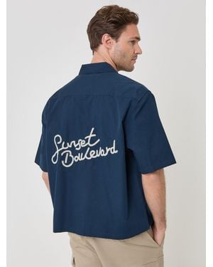 Threadbare Sunset Boulevard Embroidered Boxy Fit Short Sleeve Shirt - Blue