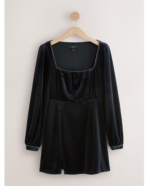 Next Embellished Neckline Velvet Long Sleeve Mini Dress - Black