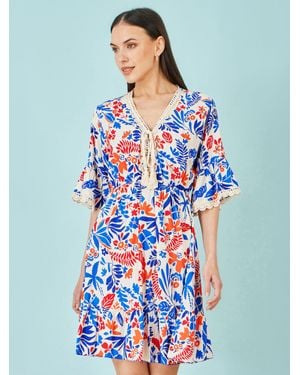 Yumi' Leaf Print Viscose Kimono Sleeve Tunic Dress - Blue