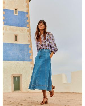 Boden Paneled Full 100% Cotton Denim Skirt - Blue