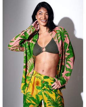 South Beach Metallic Stripe Palm Printed Long Sleeve Beach Shirt - Green