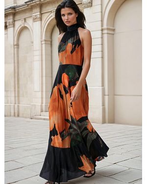 Religion Valeria Maxi Halter Neck Occasion Dress With Large Floral Print - Natural