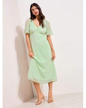 Friends Like These Chiffon Angel Sleeve V-Neck Button Midi Dress - Green