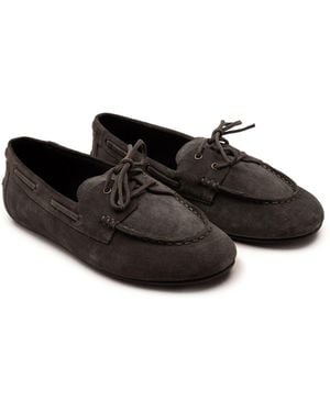 OFF THE HOOK Lea Suede Leather Round Toe Boat Shoes - Black