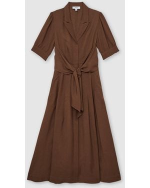 Reiss Short-Sleeve Belted Midi Dress With Linen - Brown