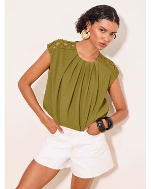 Lipsy Bubble Hem Crochet Shoulder Detail Top - Green