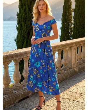 Roman Floral Print Bardot Ruffle Dress - Blue