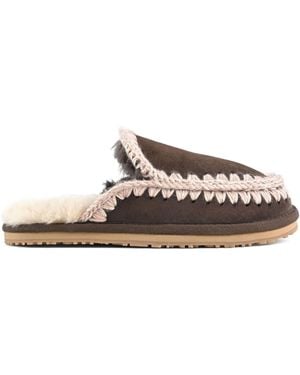 Mou Suede Full Eskimo Sheepskin Lined Stitch Mule Slippers - Brown