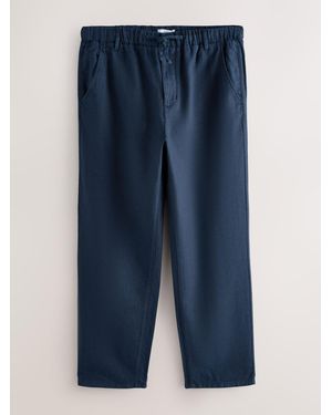 Next Regular Tapered Fit Linen Rich Blend Textured Pants With Elasticated Waist - Blue