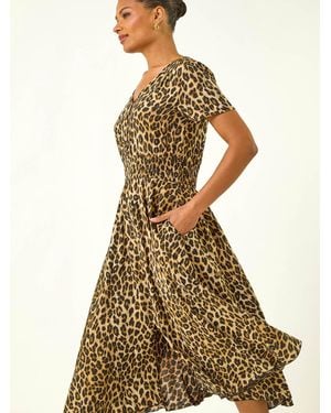 Roman Animal Print Shirred Midi Dress - Natural