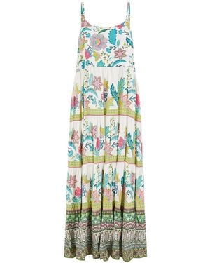 Yumi' Boho Block Print Tiered Maxi Dress - White