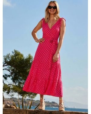 Sosandar Metallic Fleck Print Tie Waist Wrap Midaxi Dress - Red