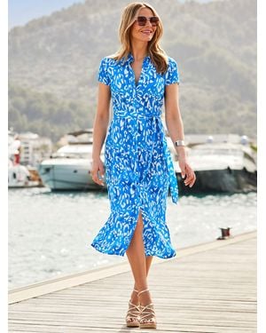 Sosandar Animal Print Midi Shirt Dress With Belt - Blue