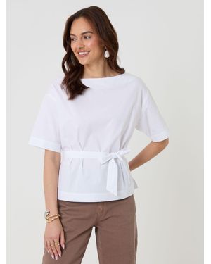 Threadbare 100% Cotton Poplin Slash Neck Tie Belt Top - White